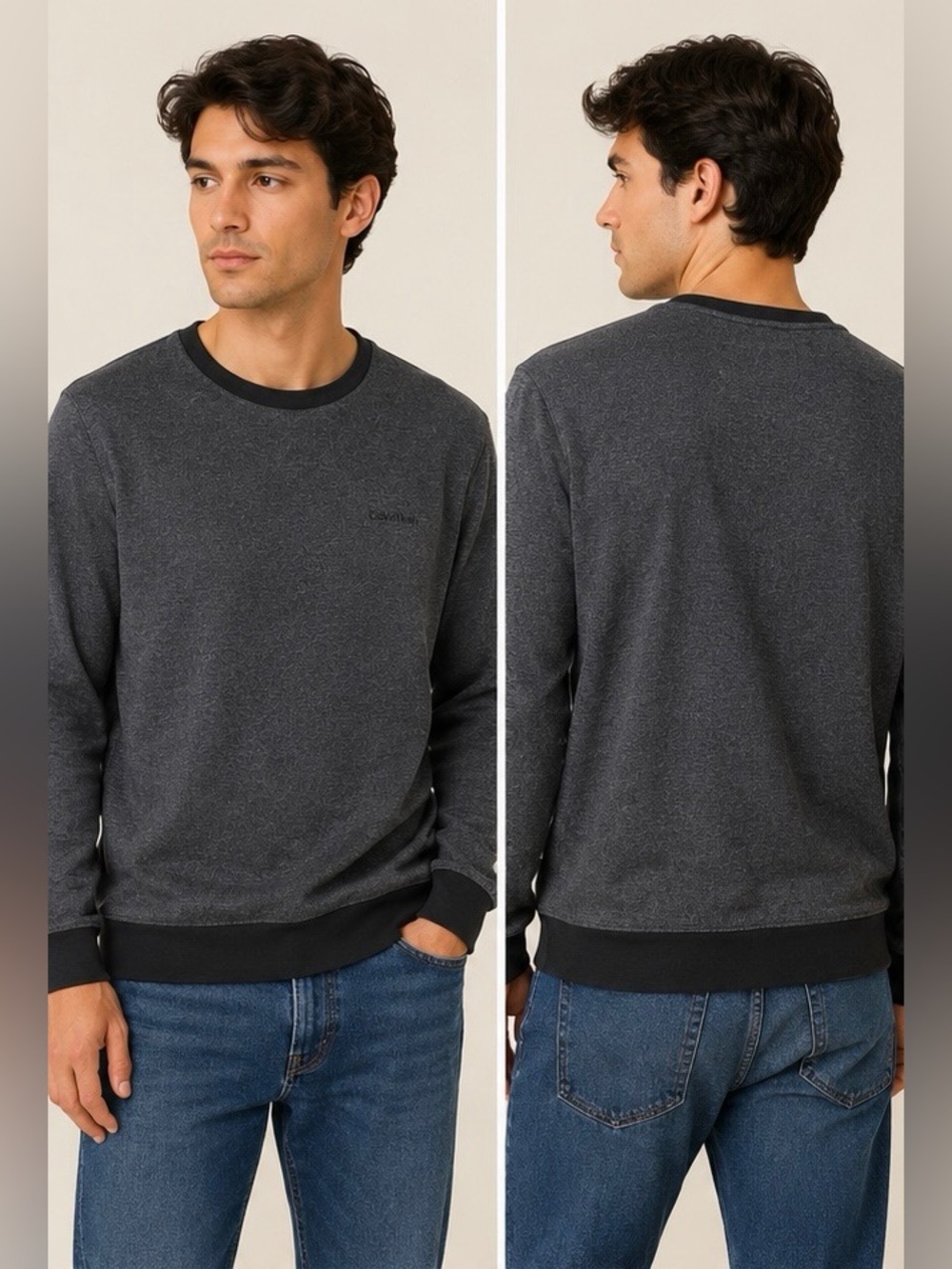 Calvin Klein Men's Dark Gray Crewneck Sweater with Black Trim